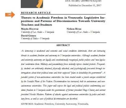[Article] Threats to Academic Freedom in Venezuela: Legislative Im-positions and Patterns of Discrimination Towards University Teachers and Students