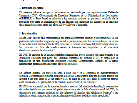 [Informe] Disparos a los ojos. Traumas oculares como consecuencia de la represión estatal en Venezuela durante  manifestaciones 2014 – 2019
